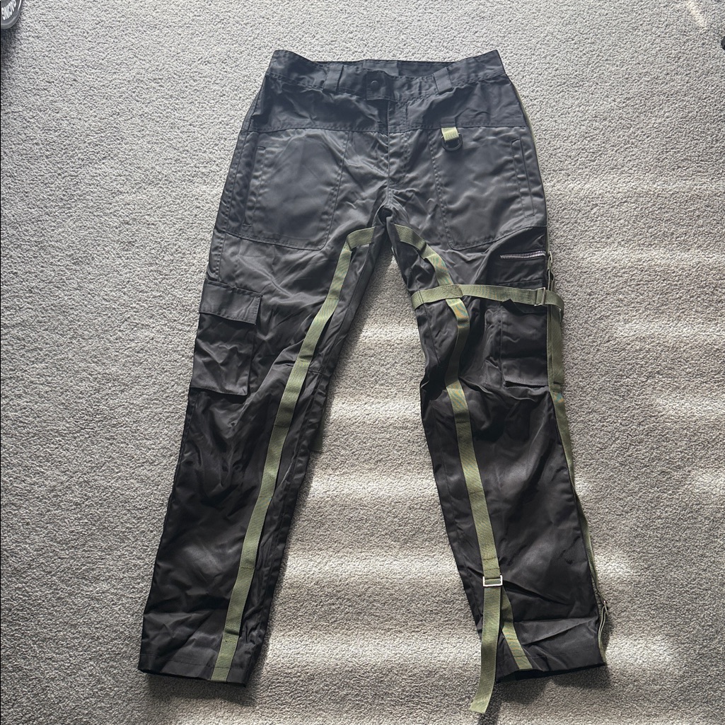 Black Cargo Tech Pants With Olive Straps